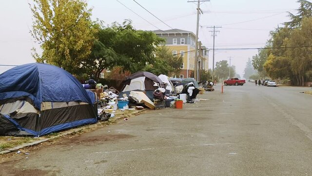 Homeless Squatter Settlement of Tents on Garbage Littered Streets