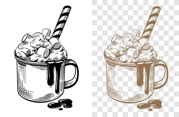Mug with hot chocolate, cocoa, warm drink. Hand drawn vector outline on transparent background