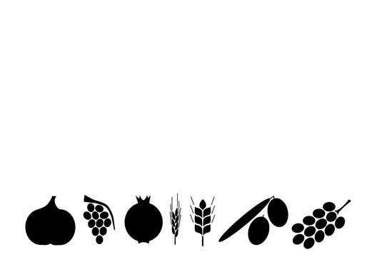 Seven kinds of fruit typical of the Land of Israel. Jewish custom to eat them at Tu Bishvat. Illustrated vector background