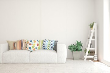White living room with sofa. Scandinavian interior design. 3D illustration