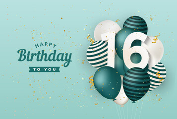 Happy 16th birthday with green balloons greeting card background. 16 years anniversary. 16th celebrating with confetti. Vector stock