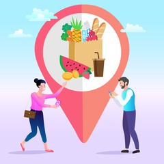 Delivery concept. Man Delivering Online with Grocery order from smart phone. Shopping on social networks through phone flat design style. Vector illustration.