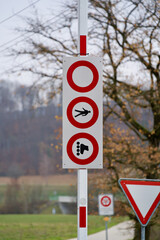 Traffic signs rollerblades, pedestrians and vehicles prohibited.