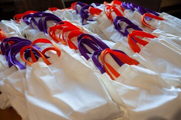 stacks of cloth gift bags with colorful handles