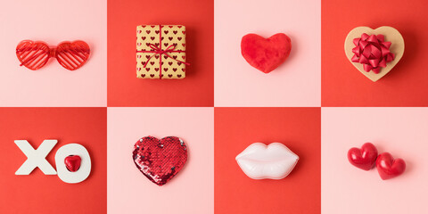 Valentine's day holiday concept with gift box and heart shape on pink and red background