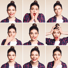 Collage of different facial expressions of beautiful young woman in casual style with red lips and...