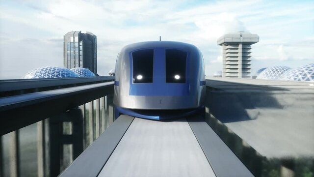 futuristic train station with monorail and train. traffic of people, crowd. Concrete architecture. Future concept. Realistic 4k animation.