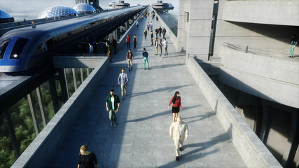 futuristic train station with monorail and train. traffic of people, crowd. Concrete architecture. Future concept. 3d rendering.