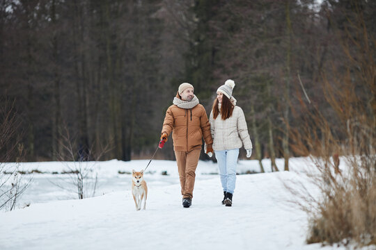 Full length portrait of happy adult couple walking together along lake in winter while enjoying nature with pet dog, copy space