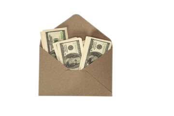 Craft paper envelope filled with one hundred dollar bills isolated on white background, business and financial concept