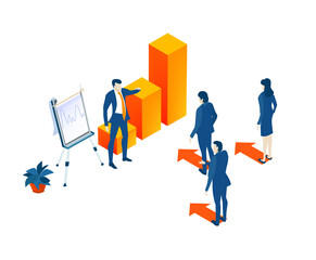 Isometric 3D business environment with business people having seminar, meeting next to growth charts and bars. Success, internet, data protection, security, investments infographic illustration.