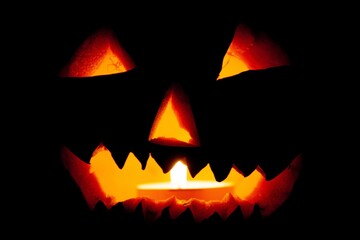 dimly lit jack o lanterns with candles