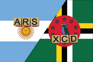 Argentina and Dominica currencies codes on national flags background