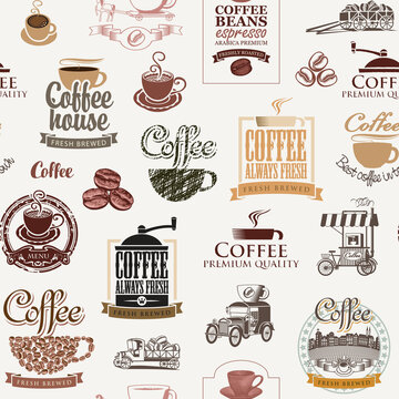 Vector seamless pattern on the coffee theme with coffee beans, inscriptions and illustrations in retro style on a light background. Suitable for wallpaper, wrapping paper or fabric