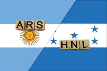 Argentina and Honduras currencies codes on national flags background