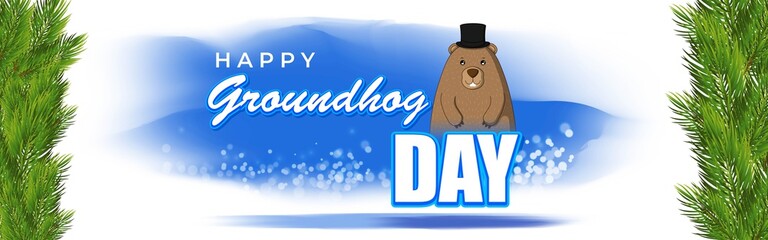 Vector illustration concept of Happy Groundhog Day greeting with cute groundhog coming out from snow covered ground. 2 February.