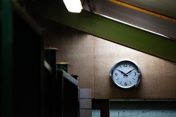 wall clock in dimly lit room stall