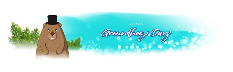 Vector illustration concept of Happy Groundhog Day greeting with cute groundhog coming out from snow covered ground. 2 February.