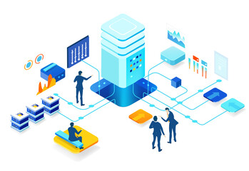 Isometric 3D business environment with business people working and communicating in server room. Technology, success, internet, data protection and personal security concept infographic illustration.