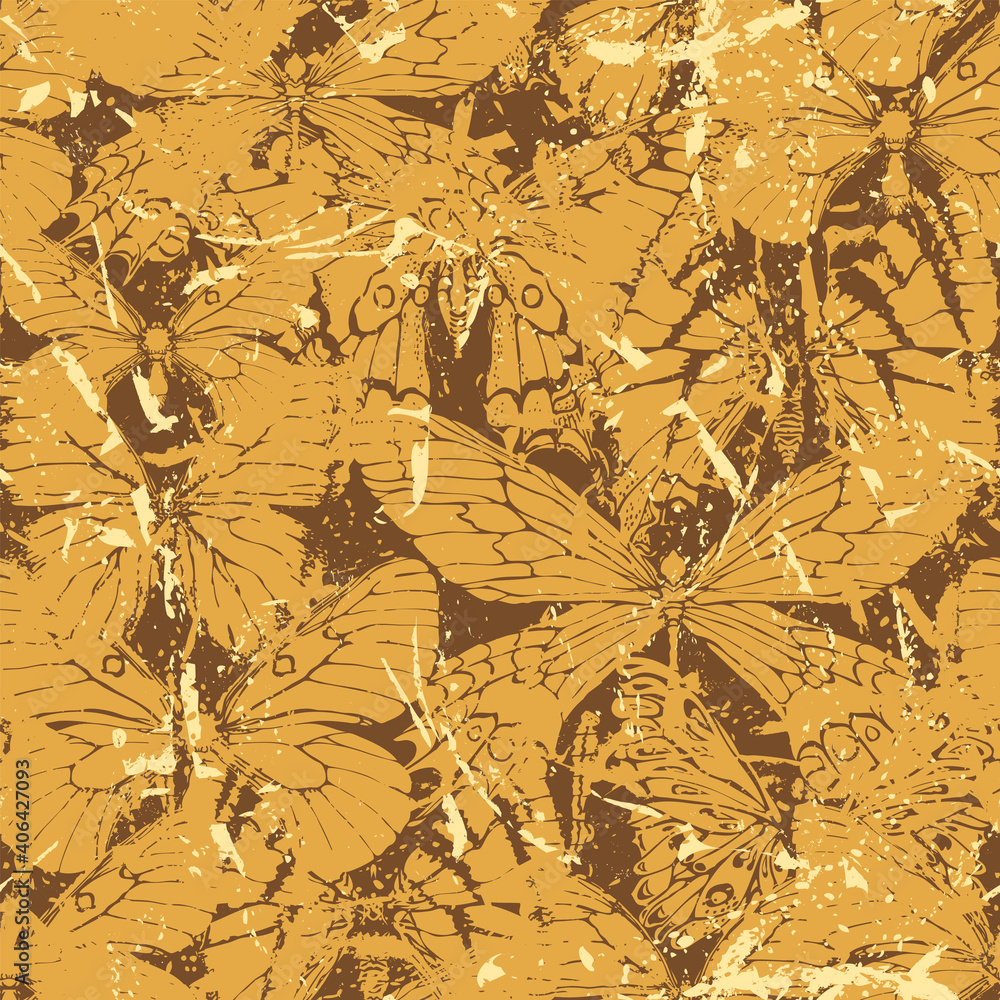 Poster abstract seamless pattern with yellow butterflies on a brown backdrop in grunge style. vector repeat