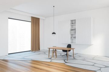 White and wooden room with chair and table on big carpet, shelf and windows