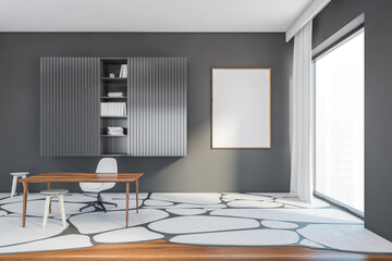 Mockup canvas in grey and wooden room with chairs and table on big carpet