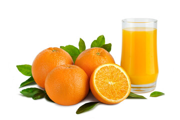 Orange juice and valencia oranges isolated on white background, clipping path.