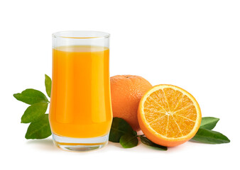 Orange juice and valencia oranges isolated on white background.