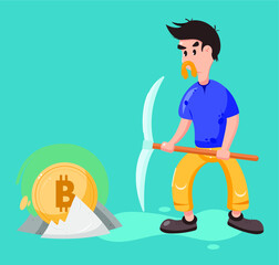 Cryptocurrency concept with miner and coins. A man with jackhammer and pickaxe working in bitcoin mine