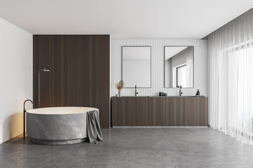 White and wooden bathroom interior with round tub and double sink