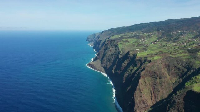 Impressive natural volcanic cliffs of Portuguese island Madeira, aerial