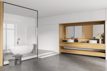 White and wooden bathroom corner with tub and sink