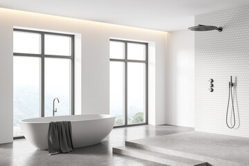 White bathroom corner with tub and shower stall