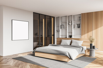 White and wooden master bedroom corner with poster