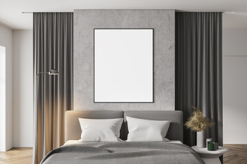 White and concrete bedroom with poster, close up