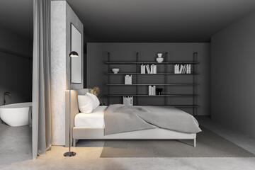 Gray and concrete bedroom with poster, side view