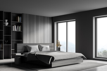 Gray and wooden master bedroom corner