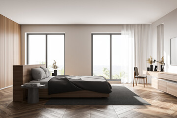 White and wooden master bedroom interior, side view