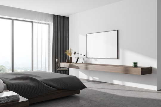 Modern white master bedroom interior with mock up TV screen