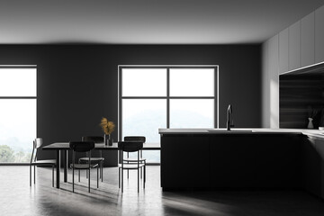 Gray and wooden kitchen interior with table, side view