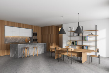 White and wooden kitchen corner with bar and table