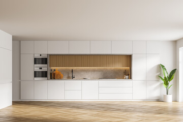 Stylish white and wooden kitchen interior with cupboards