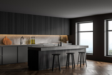 Bar counter in gray and wooden kitchen corner