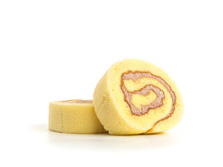 Stack of Sponge cake roll slices on white background. two swiss roll with coffee cream isolated picture. Homemade bakery concept.