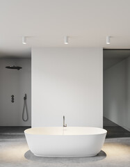 Obraz na płótnie Canvas White and concrete bathroom with tub and shower