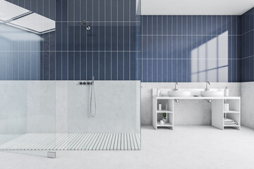 White and blue bathroom with glass shower, sinks and towels