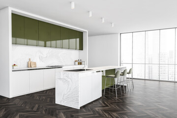 Fototapeta na wymiar White and green kitchen, table and chairs and window with city view