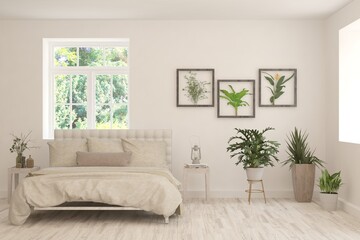 Stylish bedroom in white color with summer landscape in window. Scandinavian interior design. 3D illustration