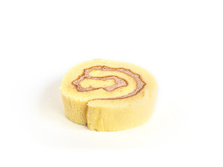 Sponge cake roll slices on white background. One swiss roll with coffee cream isolated picture. Homemade bakery concept.