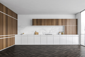 White and wooden empty kitchen with dark parquet floor and window